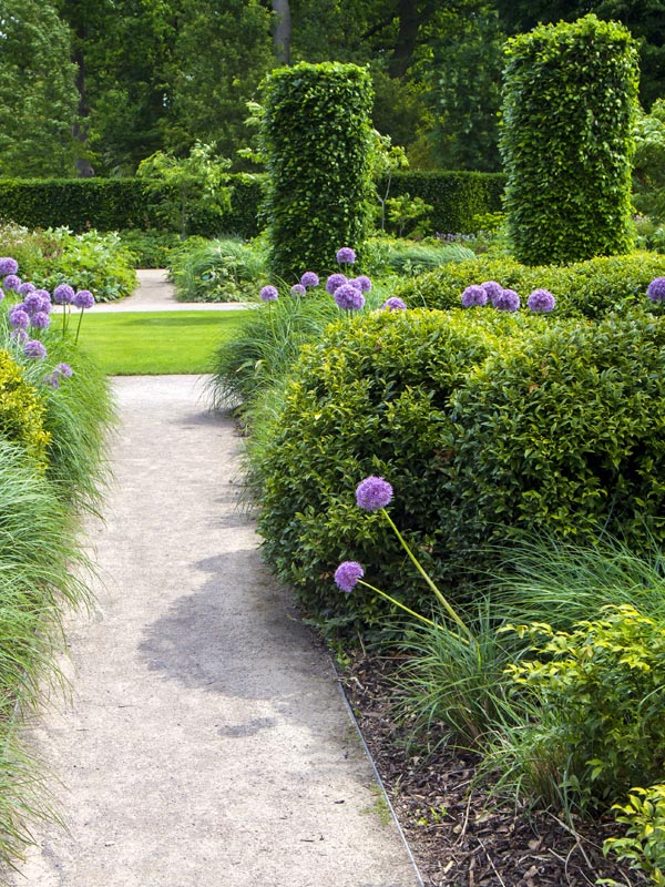 In deze tuin vormen haagelementen en vormsnoei de achtergrond voor kleurrijke borders